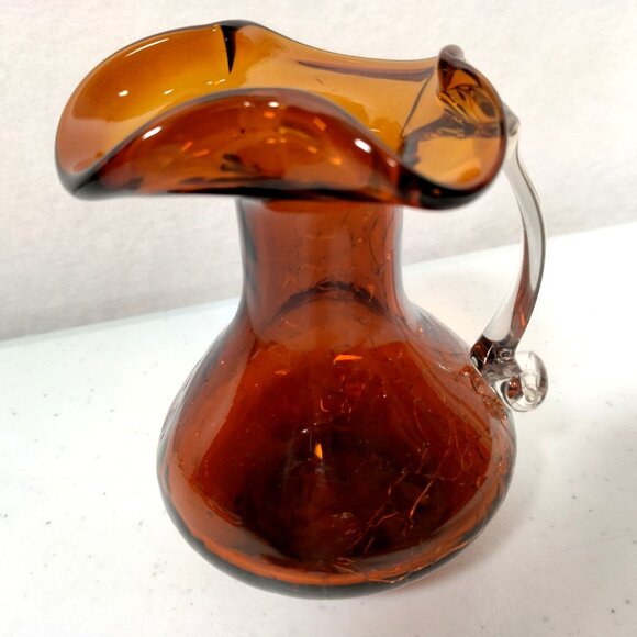 Crackle Glass Pitcher Brown Small Clear Handle Vase Collectible Art 3.75" Tall - Picture 2 of 15
